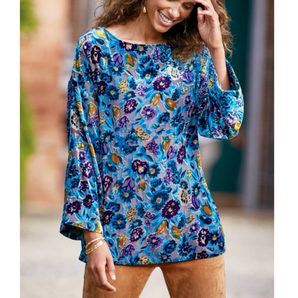 Soft Surroundings Eliana Floral Velvet Tunic Top Blue Purple Cami Included